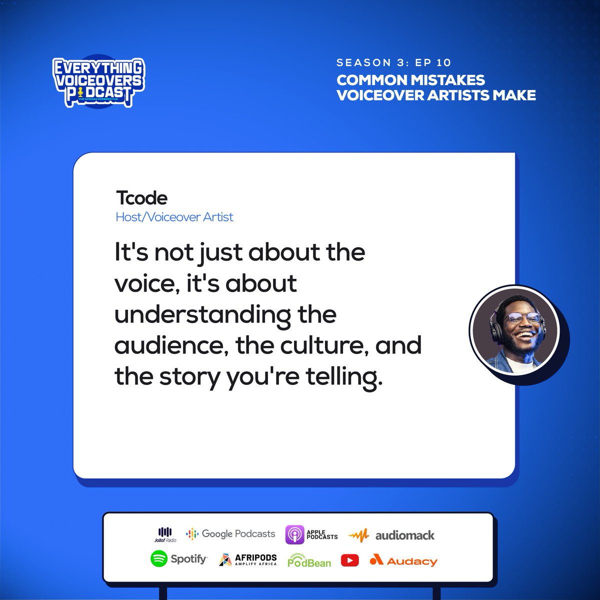 EverythingVOs's tweet photo. Here are some useful quotes by Tcode, from the podcast.

Episode is still streaming on all platforms. Link in bio.

@Tcode_70
#voiceovers #tcode #everythingvoiceoverspodcast #voiceoverpodcast #voicetalents #voiceactors https://t.co/rh8IXQlRct