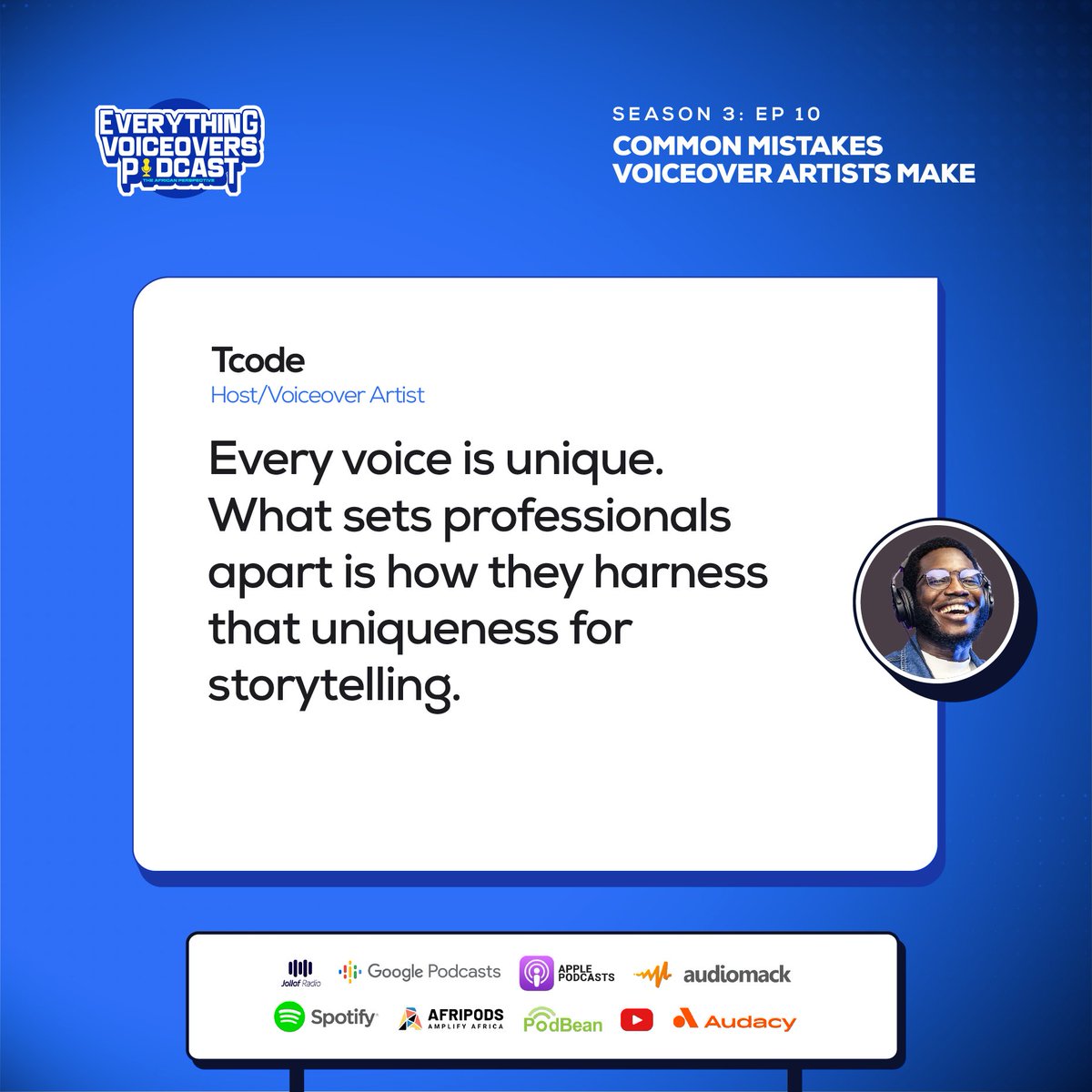 EverythingVOs's tweet photo. Here are some useful quotes by Tcode, from the podcast.

Episode is still streaming on all platforms. Link in bio.

@Tcode_70
#voiceovers #tcode #everythingvoiceoverspodcast #voiceoverpodcast #voicetalents #voiceactors https://t.co/rh8IXQlRct