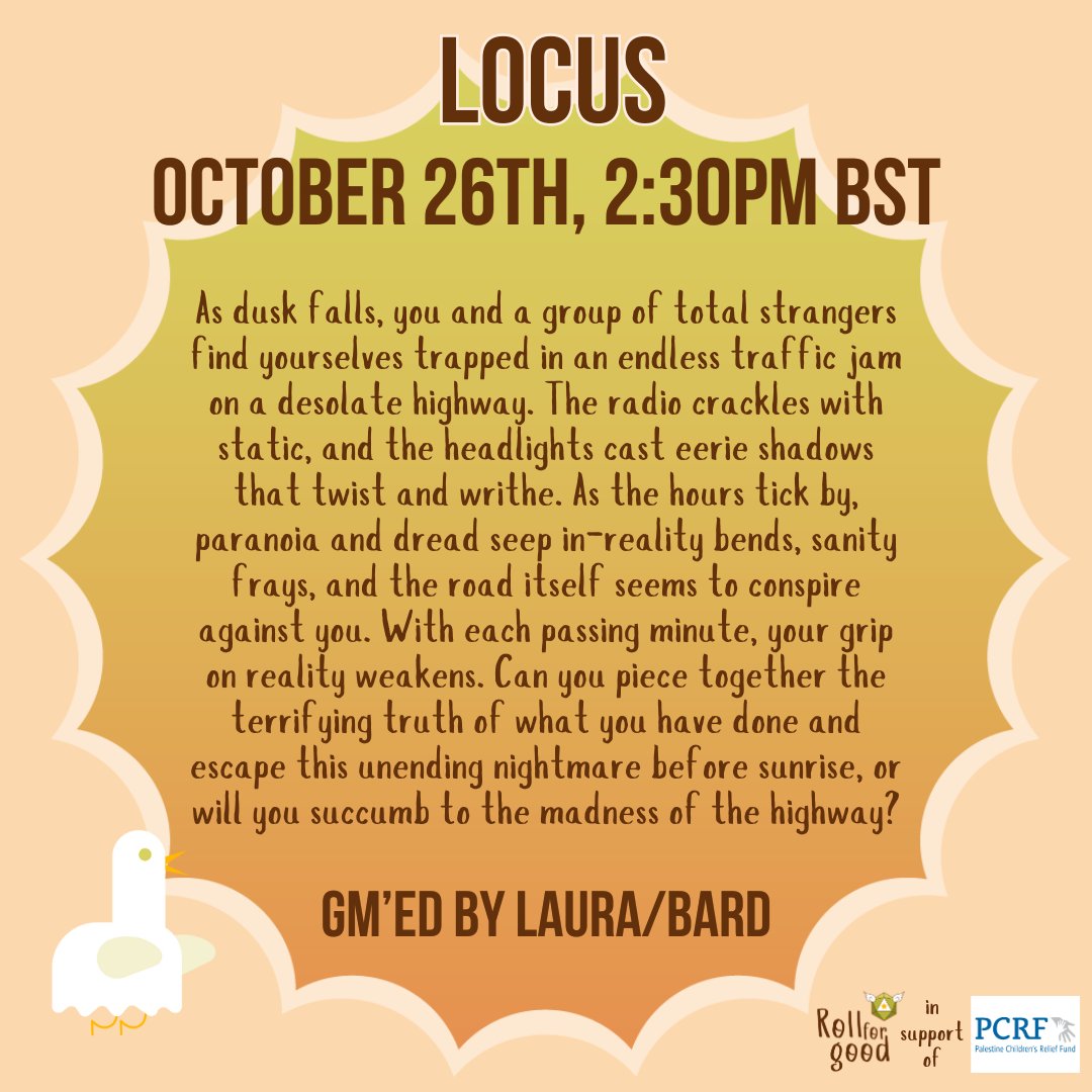 rollforgood's tweet photo. Quick, get in the car! Hosting a #ttrpg game of Locus, created by @cobblepath, Bard is taking us on a nightmarish roadtrip you don't want to miss out on. Sign up here if you're game: https://t.co/Vm836qHmeh https://t.co/BQOpzQIjHk