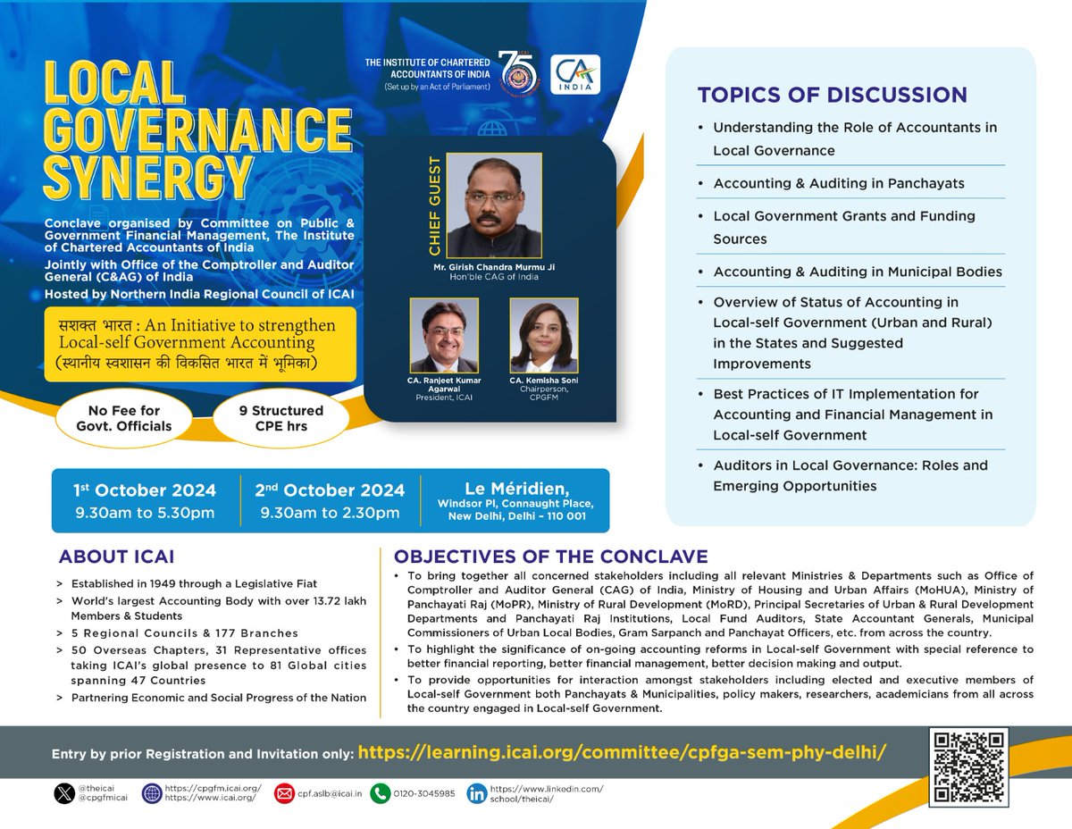 ICAI through its CPGFM jointly with O/o CAG is organizing Local Governance Synergy Conclave at New Delhi on 1st and 2nd October 2024 to gain insights on financial reforms at grassroots. Limited Seats-Register at learning.icai.org/committee/cpfg…
