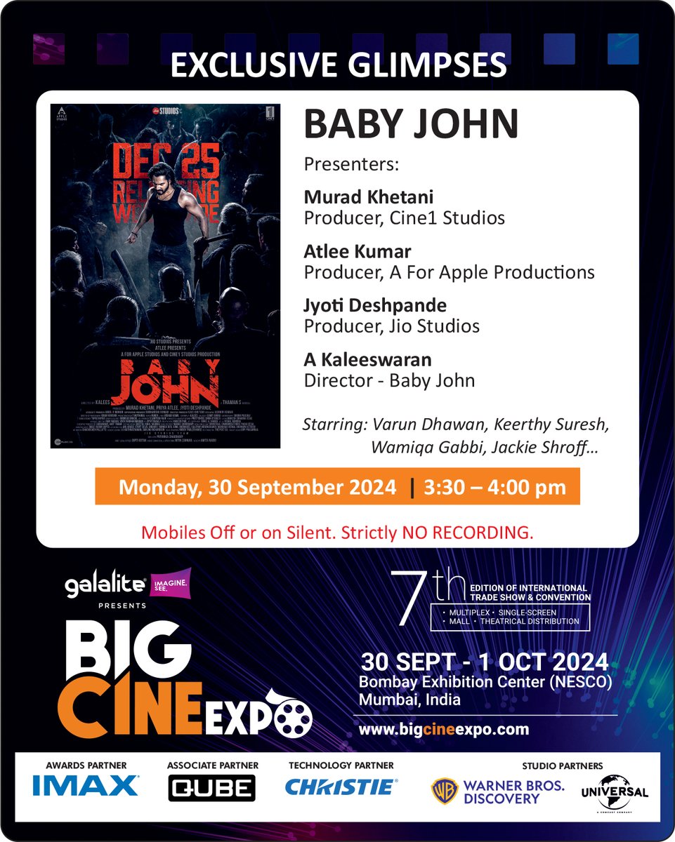 raghavnews's tweet photo. Step behind the scenes for exclusive glimpses of Baby John only at Big Cine Expo 2024 β Coming Soon!
#BabyJohn #BigCineExpo #JyotiDeshpande #MuradKhetani #AtleeKumar #AKaleeswaran #VarunDhawan #TheatreWorld #Network208 https://t.co/S6N2nUJBz3