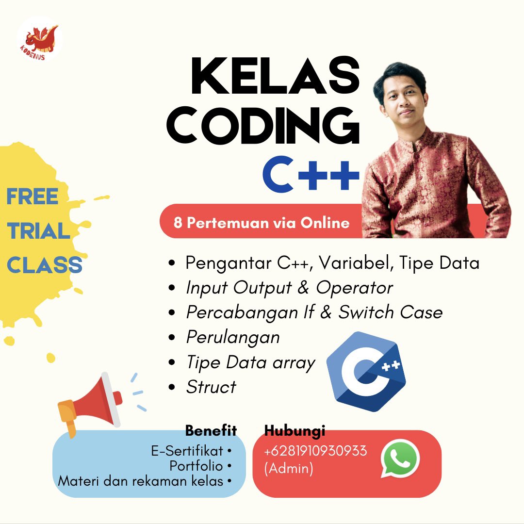 Massyaversvara's tweet image. Join kelas kami dan buat ‘variable’ di hidupmu jadi lebih ‘valuable’ 🥳🥳🥳
Contact us:
wa.me/6281910930933
#lescoding #python #c++ #onlineclass #belajarcoding #upgradeskills #pemrograman #zonauang #tutoronline #kuliahIT