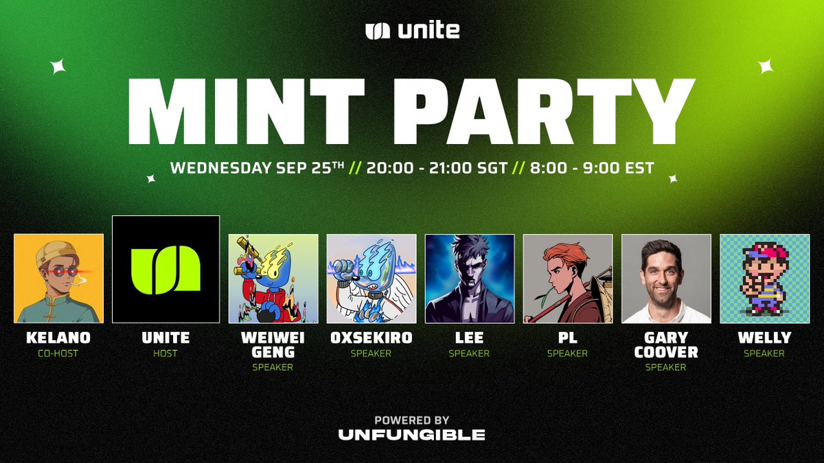 Unite (@uniteio) on Twitter photo Unite NFT Mint Party ๐
Reminder โ We have an incredible panel lined up for the Momโs Kitchen NFT Mint Party.
Unite Team: <a href="/weiweigeng/">Weiwei Geng</a>, @blockchan1018, <a href="/c00v/">Gary Coover</a>, <a href="/wsculley/">Welly</a>, @web3xlee and <a href="/plpiaoliang/">PL ๆผไบฎ</a>
Co-Host: <a href="/kelano_eth/">Kelano</a>
Mark your calendars โ itโs going to be an amazing event! Unite NFT Mint Party ๐
Reminder โ We have an incredible panel lined up for the Momโs Kitchen NFT Mint Party.
Unite Team: <a href="/weiweigeng/">Weiwei Geng</a>, @blockchan1018, <a href="/c00v/">Gary Coover</a>, <a href="/wsculley/">Welly</a>, @web3xlee and <a href="/plpiaoliang/">PL ๆผไบฎ</a>
Co-Host: <a href="/kelano_eth/">Kelano</a>
Mark your calendars โ itโs going to be an amazing event!