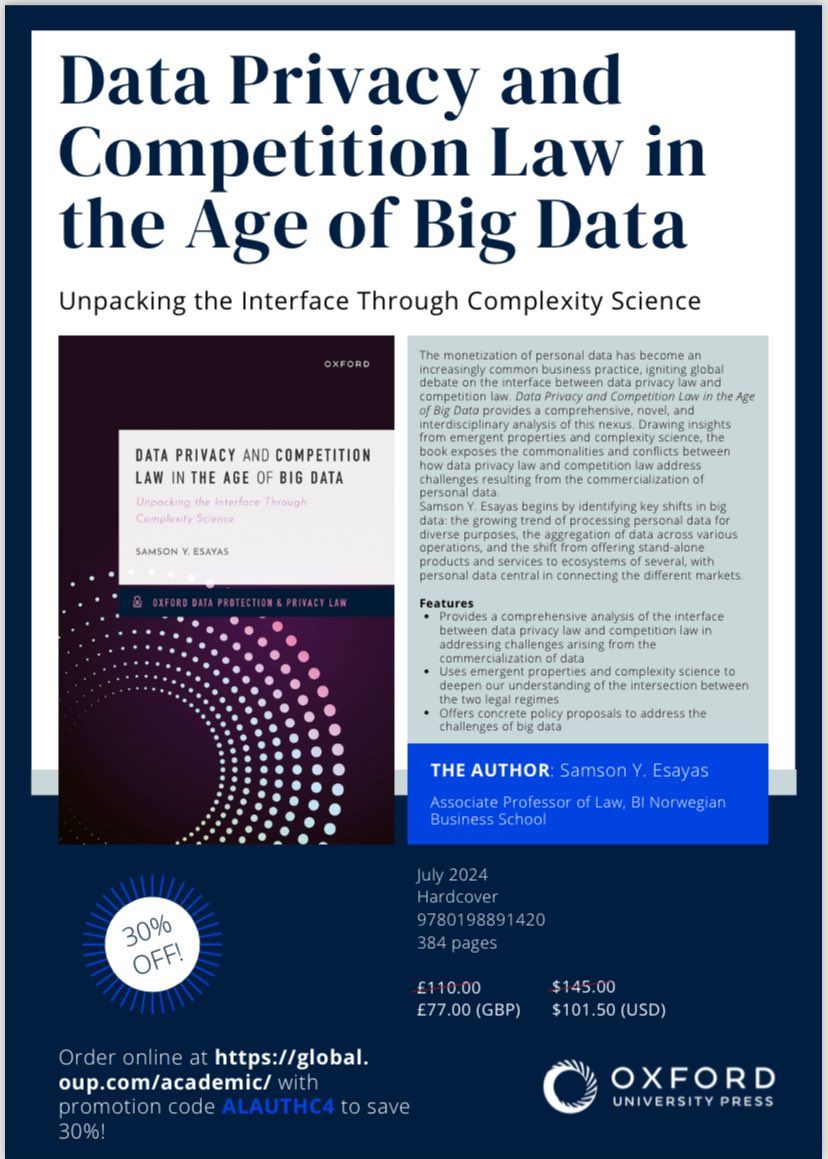 📚New book release! 

NCIS's <a href="/Hahubelgobez/">Sam</a>  recently published his new book “Data Privacy and Competition Law in the Age of Big Data: Unpacking the Interface Through Complexity Science” with <a href="/Oxford/">Oxford</a> University Press. Many congratulations on this achievement and well done 🏆