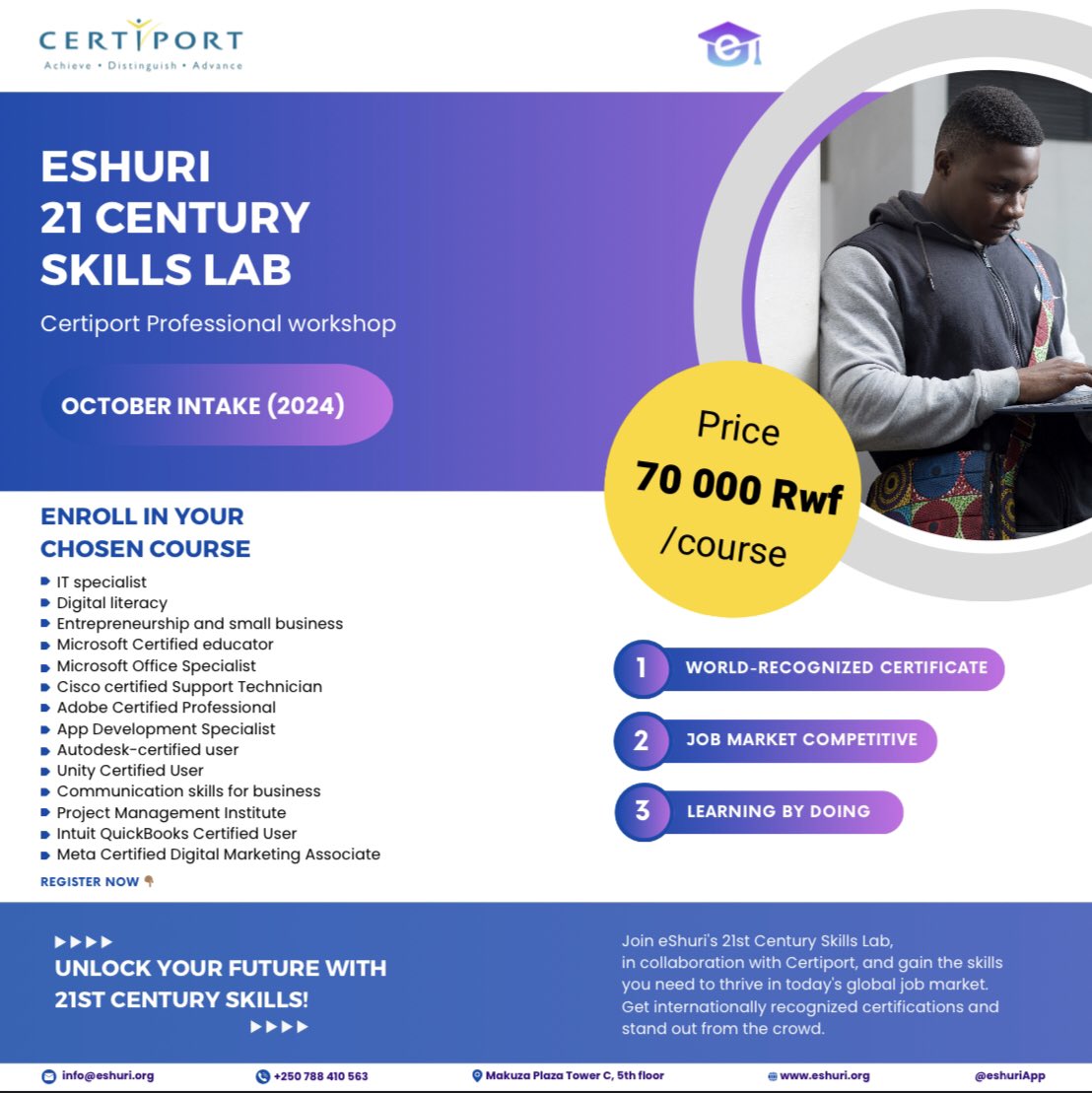 eShuri1's tweet image. Level up your digital skills with eShuri! Join our October intake for hands-on training and Certiport certification. 

 Location: Makuza Peace Plaza, Tower C, 5th floor  

Register today through the link in bio!

#eshuri #certiport #digitalskills #careerboost #Rwanda