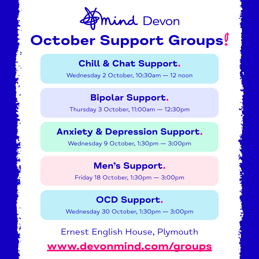 Upcoming dates! 😊 We currently run several free monthly support groups focused around common #MentalHealth problems. 

Find out more and register to join: devonmind.com/groups