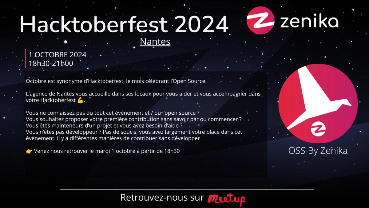 📣 #Hacktoberfest 2024 : J - 6 ! 

Nous vous recevons à l'agence mardi 1er octobre pour commencer comme il se doit cet event mondial #opensource !

Que vous soyez débutant·e ou confirmé·e, dév ou pas, vous êtes les bienvenus·es !

👉 meetup.com/fr-FR/nightcla…