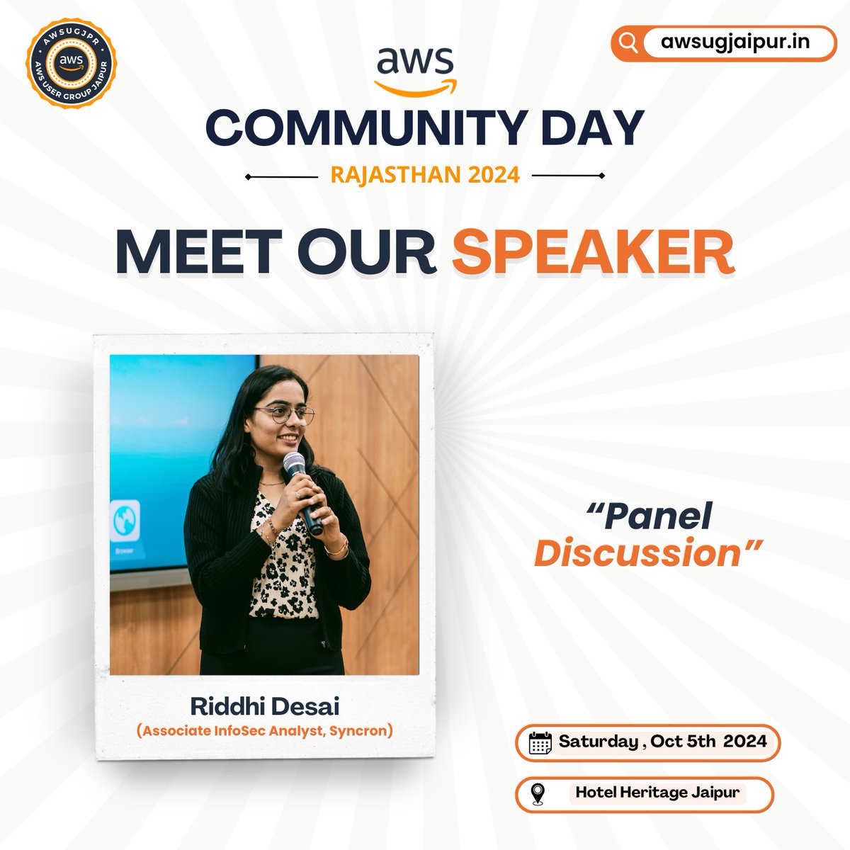 awsugjaipur's tweet photo. ποΈ Panelist Announcement: Riddhi Desai ποΈ
Excited to have Riddhi Desai at AWS Community Day Rajasthan 2024 for our
Hear her insights on the future of cloud and innovation. ππ
Oct 5th | Register now: https://t.co/UqIkxEhYgF#AWSCommunityDay #acdr24 #awsugjaipur https://t.co/wtkTMddZt6