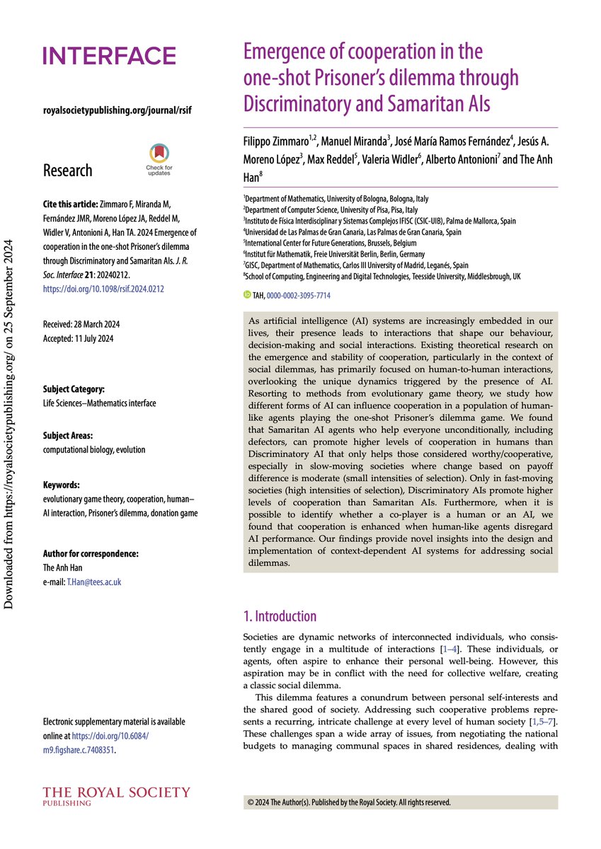 The Anh Han (@t_a_han) on Twitter photo Really happy to see this work out today in <a href="/RSocPublishing/">Royal Society Publishing</a> Interface. We study evolutionary dynamics in hybrid human-AI systems, studying when Samaritan & Discriminatory AI can promote cooperation <a href="/TeessideUni/">Teesside University</a> <a href="/Complexity72h/">Complexity 72h</a> <a href="/TeesUniSCEDT/">TU SCEDT</a>
royalsocietypublishing.org/doi/10.1098/rsโฆ Really happy to see this work out today in <a href="/RSocPublishing/">Royal Society Publishing</a> Interface. We study evolutionary dynamics in hybrid human-AI systems, studying when Samaritan & Discriminatory AI can promote cooperation <a href="/TeessideUni/">Teesside University</a> <a href="/Complexity72h/">Complexity 72h</a> <a href="/TeesUniSCEDT/">TU SCEDT</a>
royalsocietypublishing.org/doi/10.1098/rsโฆ