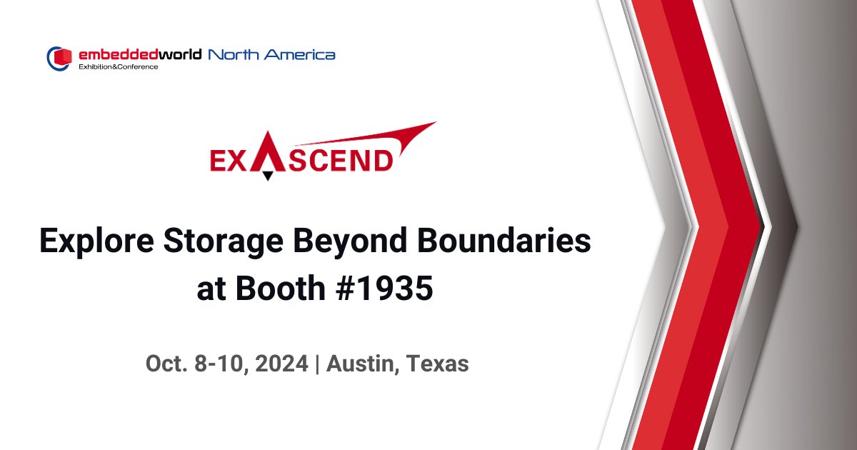 Don’t miss Exascend at embedded world North America #ewNA! Swing by booth #1935 to see how Exascend’s storage innovations can enhance your applications in automotive, aerospace, and industrial sectors. Schedule a meeting with our team: bit.ly/3N0svvi