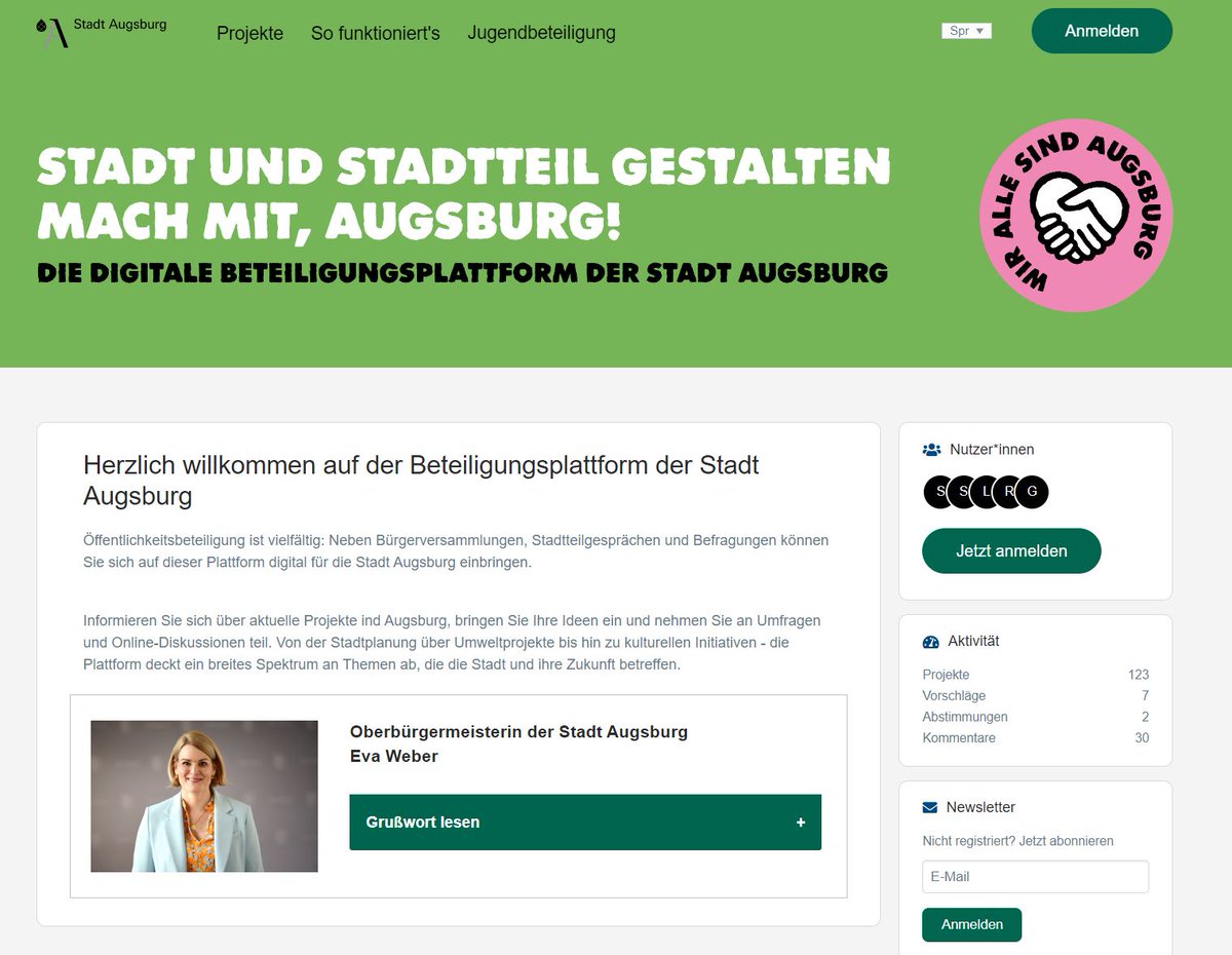 #Bürgerbeteiligung geht jetzt auch online: Auf machmit.augsburg.de sind die ersten Projekte freigeschaltet. Hitzeschutz, Radwege und eine neue Familien-App sind die Themen. Einfach registrieren und mitmachen. 

augsburg.de/aktuelles-aus-…

#augsburg #stadtaugsburg