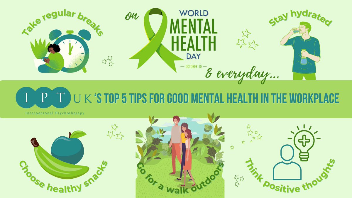 The message for this year's World Mental Health Day is to ensure that workplaces are good mental health spaces. Here's our top tips for staying well at work... #iptuk #ipt #mentalhealth #worldmentalhealthday #interpersonalpsychotherapy More info at iptuk.net