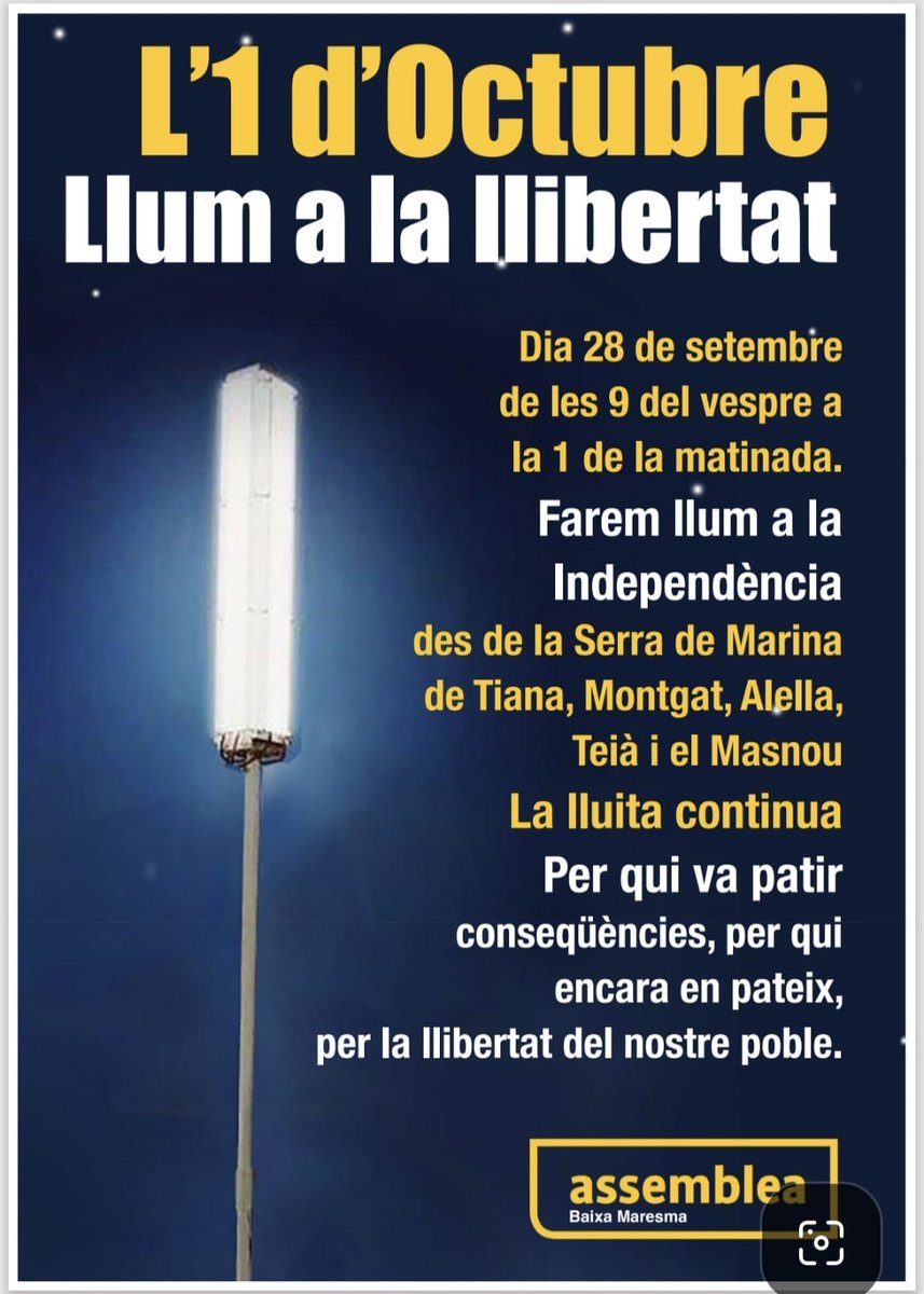 Fem llum a la Independència a la Serra de Marina.
<a href="/ancteia/">ANC Teià</a> 
<a href="/ANCMontgat/">ANC Montgat</a> 
<a href="/ANCAlella/">ANC Alella</a> 
<a href="/ANCtiana/">ANC</a> 
<a href="/ancmasnou/">ANC del Masnou 🎗</a> 
<a href="/assemblea/">Assemblea Nacional Catalana</a> 
<a href="/ArtistesDeLaRep/">Artistes de la República</a> 
<a href="/MaresmexIndep/">MaresmexIndep</a>