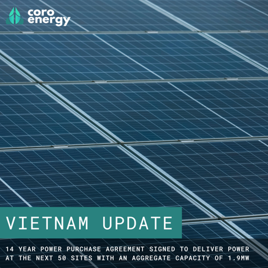 CoroEnergy's tweet photo. #Coro continues to deliver on its strategy of installing rooftop solar systems in #Vietnam.

Today’s PPA will deliver power at a further 50 sites, taking the total contracted capacity in-country to 3.3MW across 90 sites.

#EnergyTransition #Renewables #solarpower https://t.co/ncuVQ3ggX9