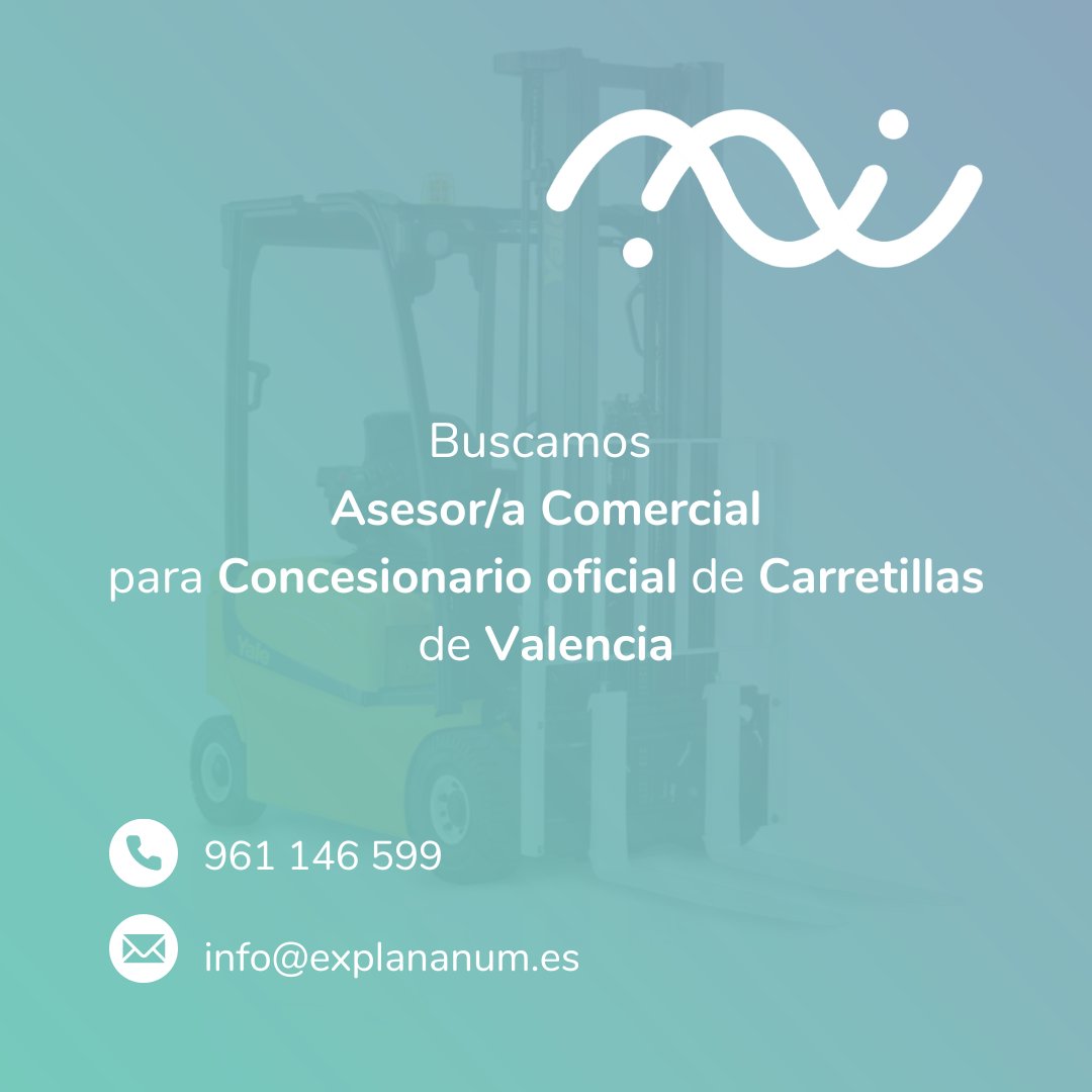 ExplanandumRRHH's tweet photo. Iniciamos búsqueda de Asesor/a Comercial especializado en venta de carretillas elevadoras para Concesionario Oficial de Valencia.

#Explanandum #Hiring #Empleo #Vacante #Trabajo #RRHH #Job #Selección #Comercial #Valencia #2Septiembre #FelizMi https://t.co/6KgmmtfLzY