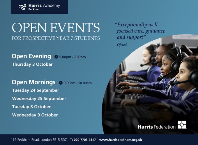 Harris Academy Peckham (@peckhamacademy) on Twitter photo We look forward to welcoming prospective families at our remaining Open Events <a href="/KenderSchool/">Kender School</a> <a href="/HPAPPeckhamPark/">HPAPeckhamPark</a> <a href="/FoBellendenPSch/">Bellenden Primary School PTA</a> <a href="/GGPrimarySchool/">Goose Green School</a> <a href="/Goodrich_School/">Goodrich School</a> @HollydaleSchool <a href="/IvydaleHT/">Ivydale Primary School</a> <a href="/keyworthprimary/">Keyworth Primary School</a> <a href="/LyndhurstSE5/">Lyndhurst Primary School</a> <a href="/OliverGPrimary/">Oliver Goldsmith</a> <a href="/Ryeoakprimary/">Rye Oak Primary Sch</a> <a href="/JDPSoffice/">John Donne School</a> <a href="/deptfordpark/">Deptford Park</a> We look forward to welcoming prospective families at our remaining Open Events <a href="/KenderSchool/">Kender School</a> <a href="/HPAPPeckhamPark/">HPAPeckhamPark</a> <a href="/FoBellendenPSch/">Bellenden Primary School PTA</a> <a href="/GGPrimarySchool/">Goose Green School</a> <a href="/Goodrich_School/">Goodrich School</a> @HollydaleSchool <a href="/IvydaleHT/">Ivydale Primary School</a> <a href="/keyworthprimary/">Keyworth Primary School</a> <a href="/LyndhurstSE5/">Lyndhurst Primary School</a> <a href="/OliverGPrimary/">Oliver Goldsmith</a> <a href="/Ryeoakprimary/">Rye Oak Primary Sch</a> <a href="/JDPSoffice/">John Donne School</a> <a href="/deptfordpark/">Deptford Park</a>
