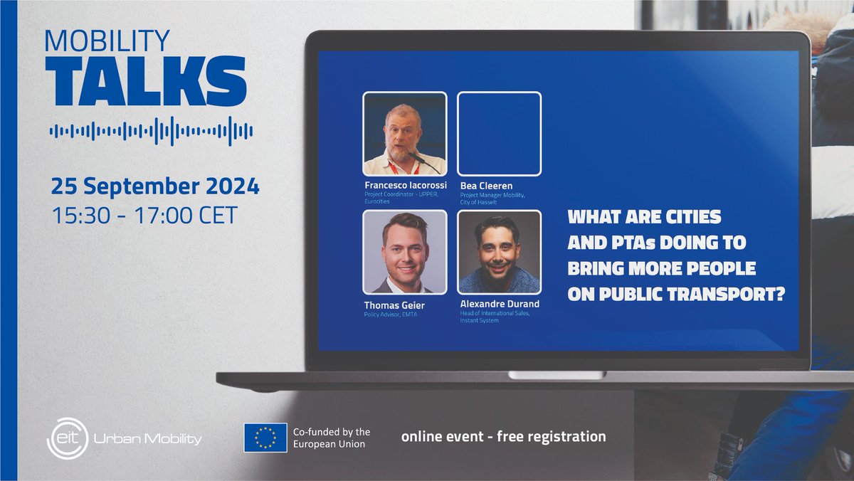 EITUrbanMob's tweet image. ⏳ Just a few hours left to register for our webinar #MobilityTalks!

With speakers from @InstantSystem, #EMTA, @EUROCITIES and @stadhasselt, today we will discuss cities' strategies to encourage more #sustainable modes of transport.

👉 Register: eiturbanmobility.eu/events/mobilit…