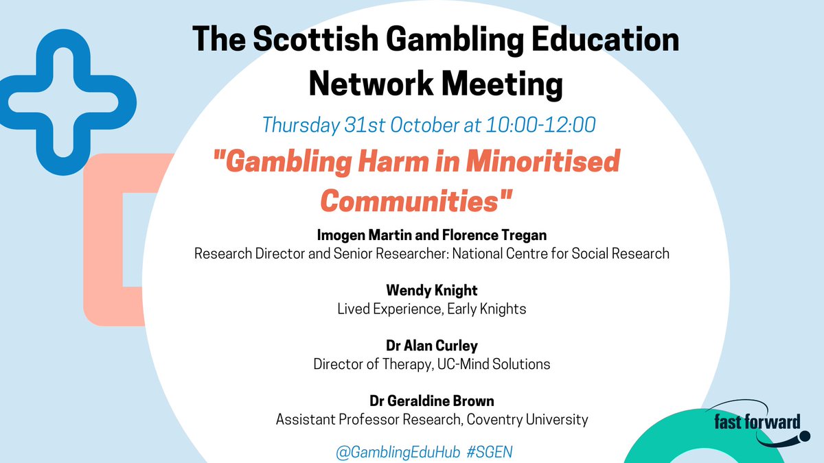 Come join <a href="/fastforwardorg/">Fast Forward</a>, Imogen Maritn and Florence Tregan from <a href="/NatCen/">NatCen</a> discussing research around #gamblingharm and #minoritisedcommunities.  Thurs 31st Oct 10-12 online. We also have 3 other wonderful speakers.  Sign up here: shorturl.at/LSSzt