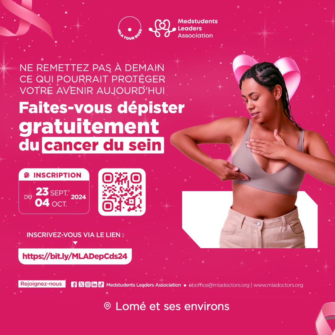 Comme chaque année, nous vous donnons encore rendez-vous en octobre pour vous faire dépister gratuitement du cancer du sein🫴🏼
Inscrivez-vous dès maintenant jusqu’au 04 Oct via bit.ly/MLADepCds24

PRÉVENIR VAUT MIEUX QUE GUÉRIR 🫵🏽!

#MLA #DépistageGratuit #CancerDuSein