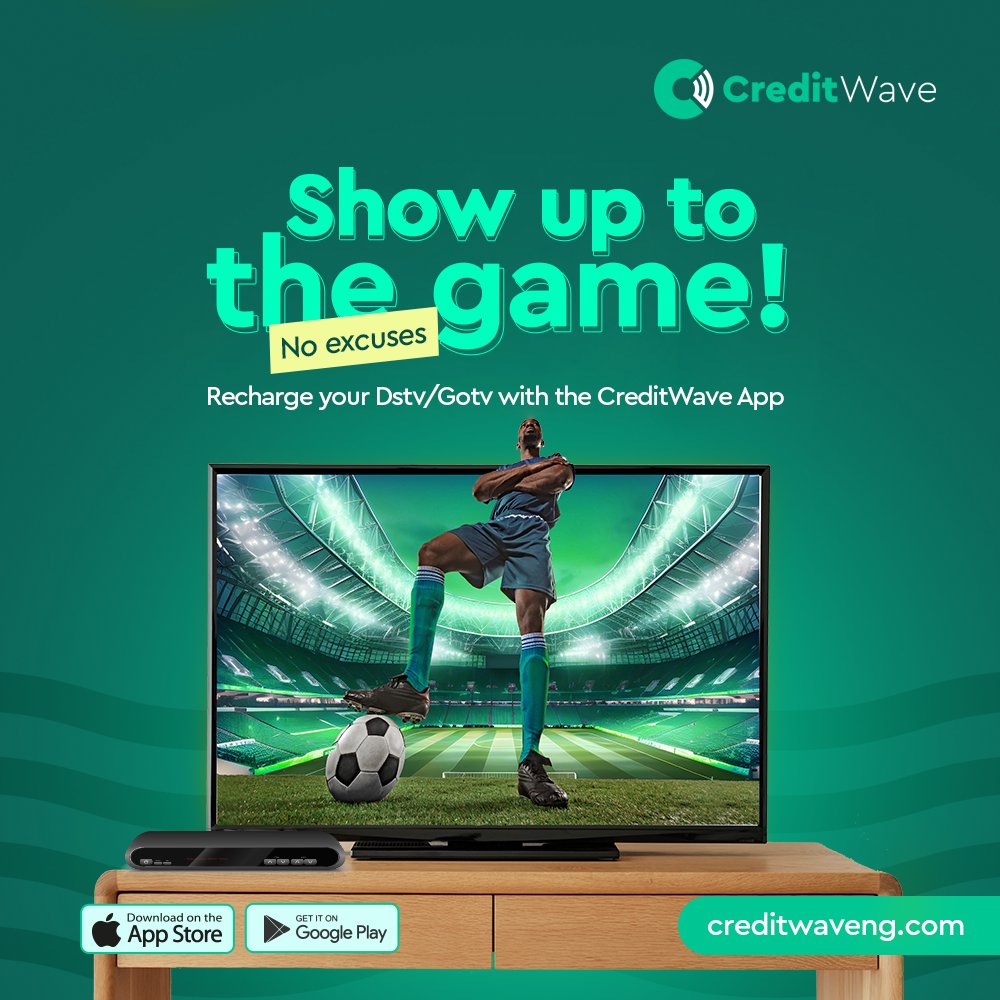 No excuses, it’s game time! ⚽️ Recharge your DStv/Gotv in seconds with the CreditWave App and never miss a moment of the action. 
.
.
.
#CreditWave #DstvRecharge #GotvRecharge #FootballSeason #StayConnected #NoExcuses