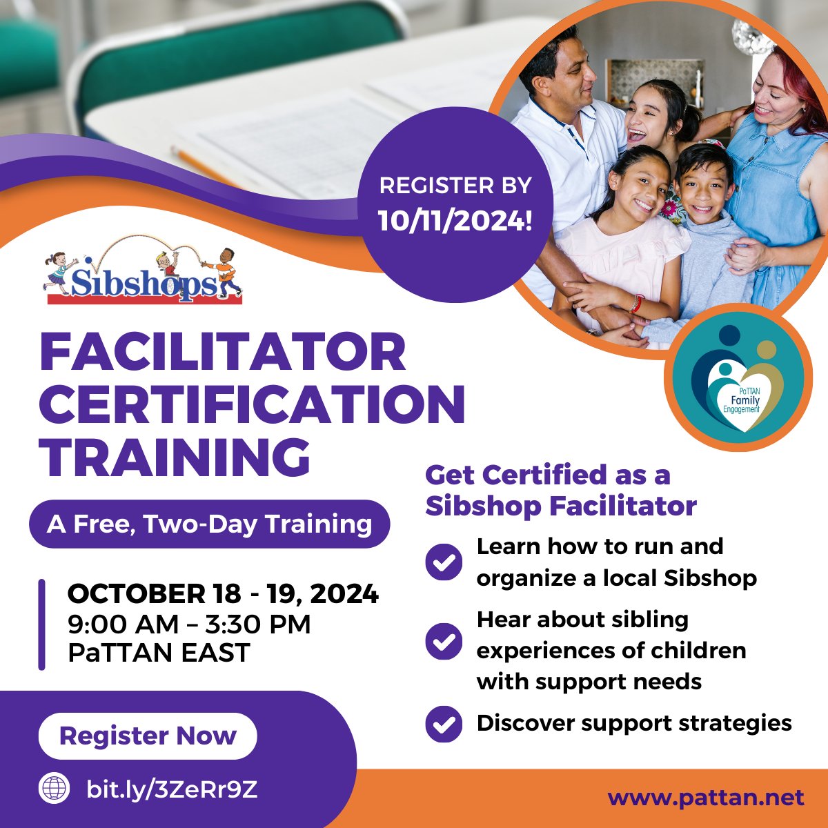 PaTTAN (@pattanupdates) on Twitter photo Calling all Siblings and Service Providers of Individuals with Disabilities: #Sibshops, a program of <a href="/SibSupportProj/">The Sibling Support Project</a>, is offering a FREE, two-day Facilitator Training at PaTTAN East! Register by October 11, 2024, to learn how to organize a local #sibshop: bit.ly/3ZeRr9Z Calling all Siblings and Service Providers of Individuals with Disabilities: #Sibshops, a program of <a href="/SibSupportProj/">The Sibling Support Project</a>, is offering a FREE, two-day Facilitator Training at PaTTAN East! Register by October 11, 2024, to learn how to organize a local #sibshop: bit.ly/3ZeRr9Z