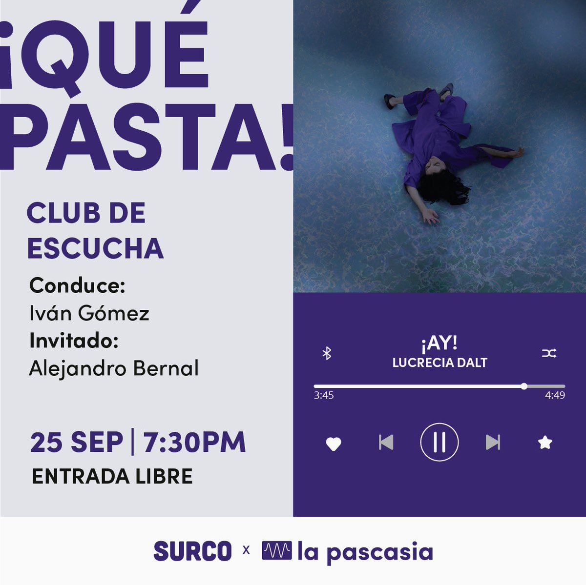 la_pascasia's tweet photo. ¡Qué Pasta! Nuestro club de escucha junto a @SurcoRecords nos recibe esta noche en el salón social del edificio para escuchar el ¡Ay! de Lucrecia Dalt. ¡Los esperamos! https://t.co/EuOdigaUro