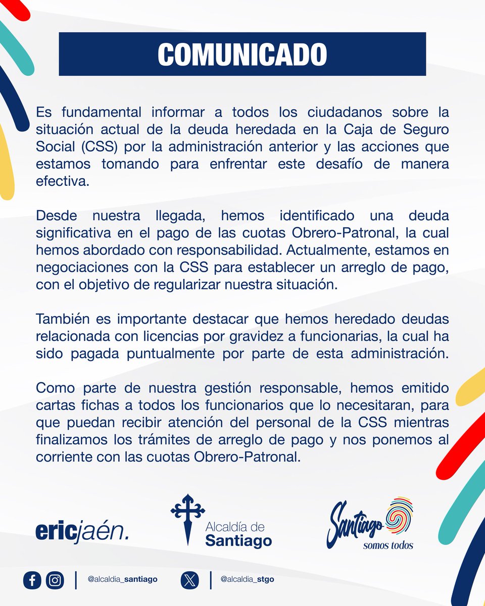 #comunicado relacionado a la deuda Obrero-Patronal del Municipio de Santiago.

#santiagosomostodos
#santiagodeveraguas