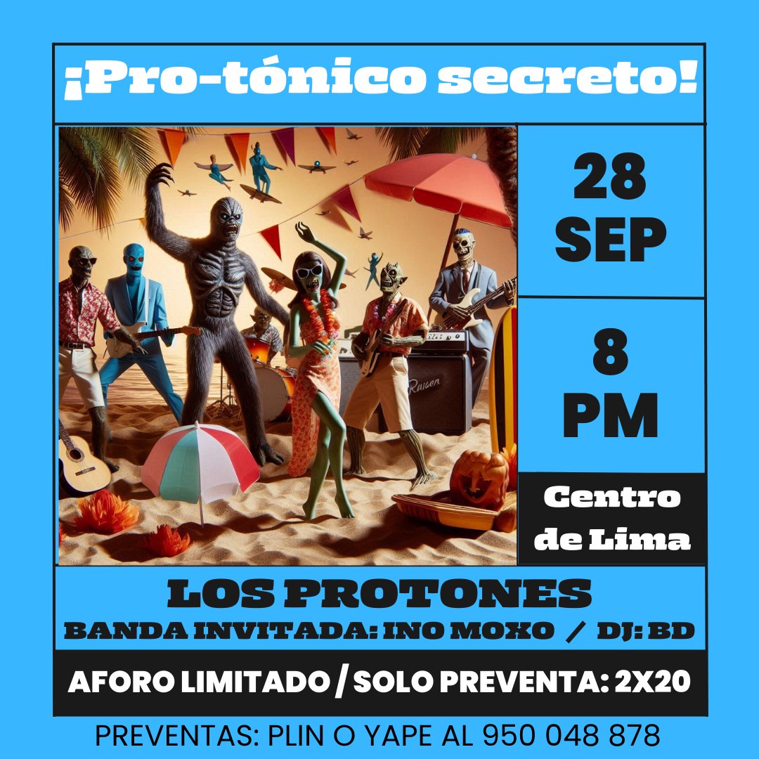 Los Protones (@losprotones) on Twitter photo Próximo concierto protónico: ¡este sábado 28! Fiesta concierto en el centro de Lima, revelaremos la ubicación directamente a quienes se apunten, los esperamos!
<a href="/rocknamericas/">Rock en las Américas</a> <a href="/Info_Conciertos/">InfoConciertos</a> <a href="/3Puntos/">3 Puntos</a> Próximo concierto protónico: ¡este sábado 28! Fiesta concierto en el centro de Lima, revelaremos la ubicación directamente a quienes se apunten, los esperamos!
<a href="/rocknamericas/">Rock en las Américas</a> <a href="/Info_Conciertos/">InfoConciertos</a> <a href="/3Puntos/">3 Puntos</a>