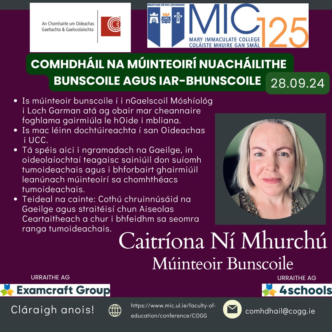 COGG Oideachas (@coggoid) on Twitter photo Comhdháil na Múinteoirí Nuacháilithe 28.09.24: Aoichainteoir 4⃣ Beidh Caitríona ag roinnt saineolais faoi chothú chruinnúsáid na Gaeilge agus straitéisí chun Aiseolas Ceartaitheach a chur i bhfeidhm. Cláraigh anois: mic.ul.ie/faculty-of-edu……
<a href="/MICEducationFac/">Faculty of Education, Mary Immaculate College.</a>
<a href="/OidePrimGaeilge/">Oide Bunscoileanna</a> Comhdháil na Múinteoirí Nuacháilithe 28.09.24: Aoichainteoir 4⃣ Beidh Caitríona ag roinnt saineolais faoi chothú chruinnúsáid na Gaeilge agus straitéisí chun Aiseolas Ceartaitheach a chur i bhfeidhm. Cláraigh anois: mic.ul.ie/faculty-of-edu……
<a href="/MICEducationFac/">Faculty of Education, Mary Immaculate College.</a>
<a href="/OidePrimGaeilge/">Oide Bunscoileanna</a>