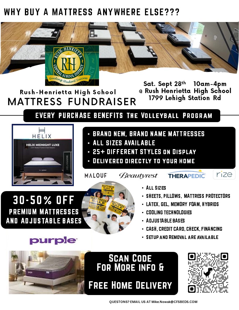 Need to replace a bed in your home? Save on new name brand mattresses and support Rush Henrietta H.S Volleyball. Sign up to receive FREE Home delivery.
mailchi.mp/301d875f033f/1…
<a href="/RushAthletics/">Rush-Henrietta Athletics</a> <a href="/rhschools/">rhschools</a> <a href="/rhssports/">RHSsports</a>