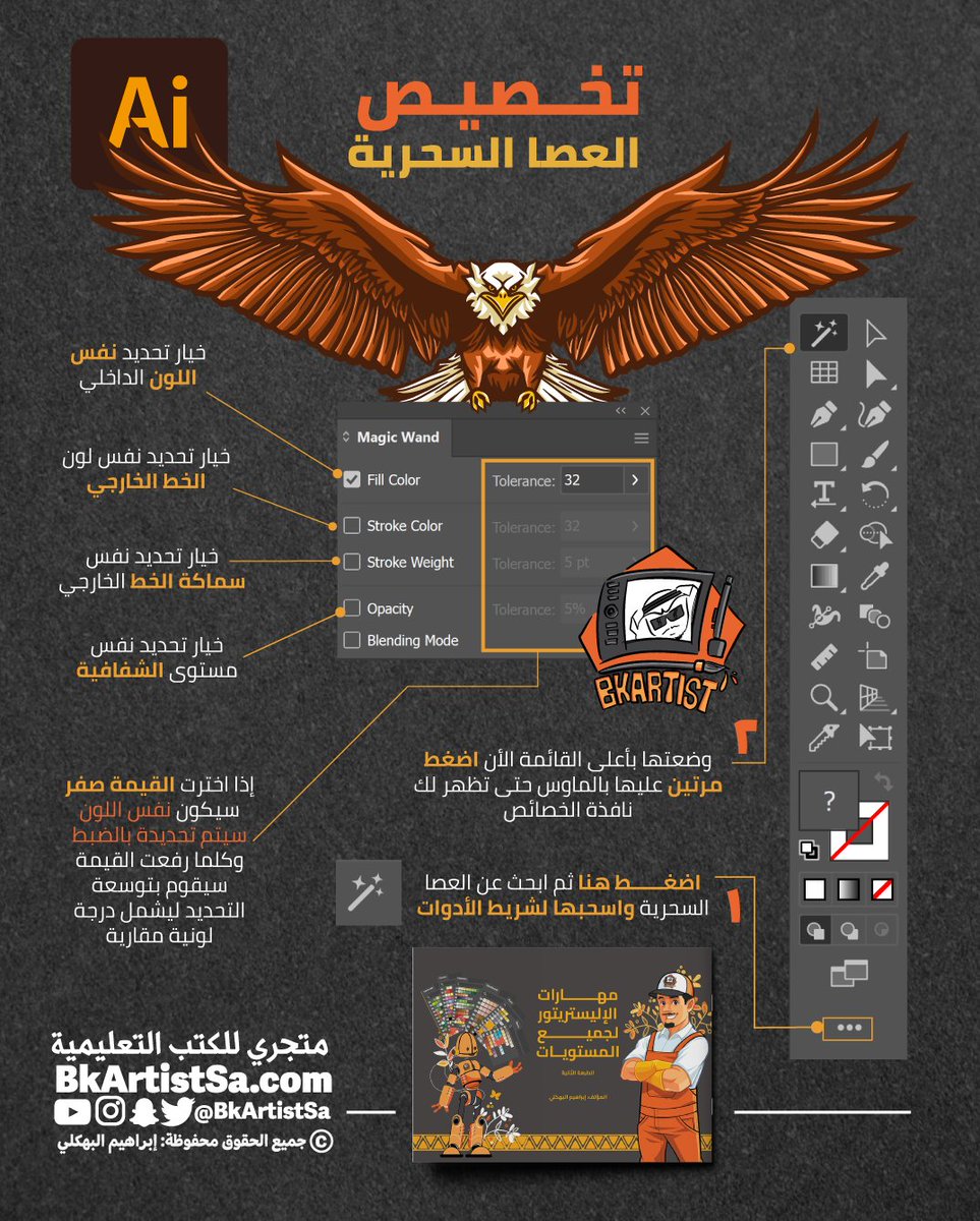 bkartistSA's tweet photo. العصا السحرية بالإليستريتور توفر الوقت والجهد 😳🫢
تقدر  بسهولة من خلالها 
🔸تحدد فقط الالوان المتشابه 
🔸تحدد الدرجات اللونية المتقاربة
🔸تحدد درجة الشفافية المتشابهه
🔸تحدد السماكة المتشابه للخطوط 
🔸تحدد الخطوط اللونية المتشابهه

أداة رهيبة 👌😍🧡

من صفحات كتاب الإليستريتور https://t.co/aKRgm09lmE