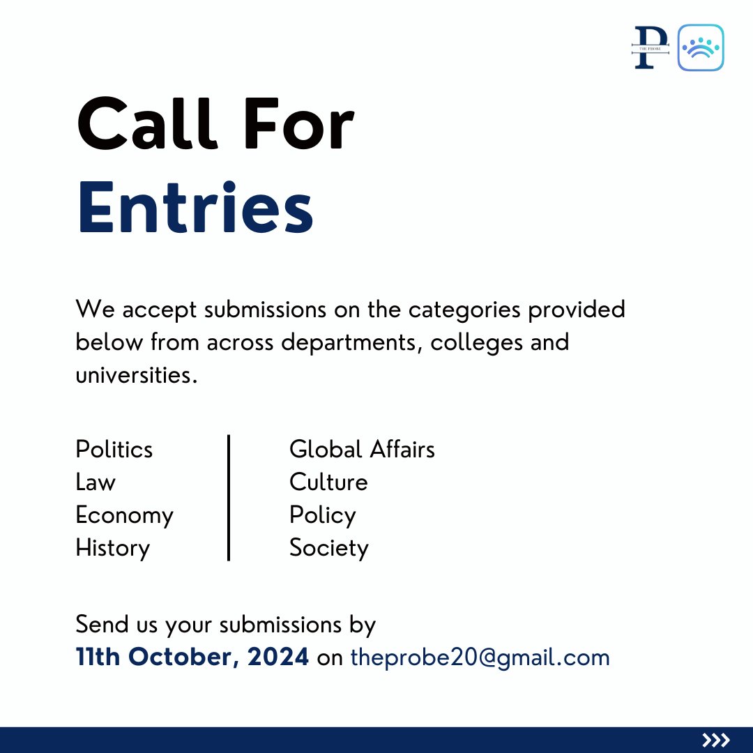 caucushindu's tweet image. The Probe is now soliciting submissions for the October 2024 issue.

Swipe for guidelines and send us your submissions by 11th October 2024.

#StudentMagazine #Politics #Law #Economy #GlobalAffairs #Culture #policy #History #Society #Philosophy #Photography