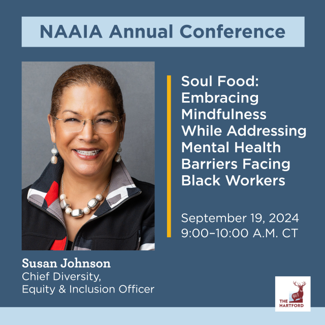heathkitty3's tweet photo. The Hartford’s Susan Johnson will be hosting a panel at The NAAIA Conference. The panel will address how employers can foster inclusive work environments that support the mental health of Black workers. #IWork4TheHartford https://t.co/OZzw4JfS8r https://t.co/trCHBvXeXA