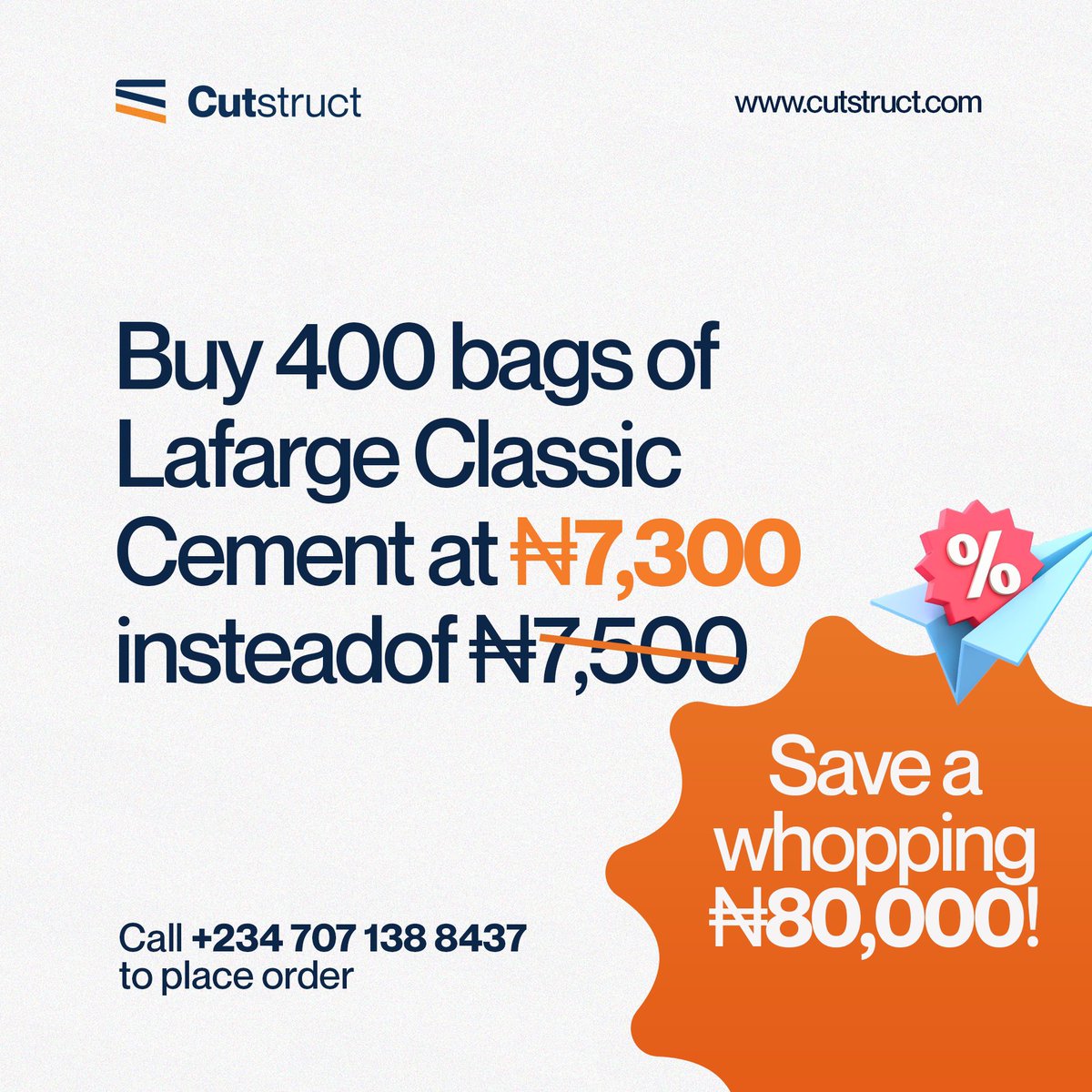 CutStruct's tweet image. Offer ends in a few hours! 

Call +234 707 138 8437 or send a dm now to place your order.

📍 Locations: Available for delivery in Ikoyi and Lekki.
 
#Cutstruct #construction #lafargecement