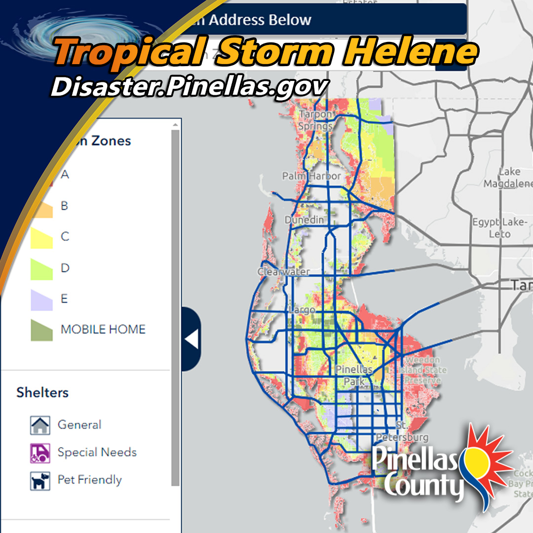 PinellasGov's tweet photo. Pinellas County has issued a mandatory evacuation order for residents in Zone A and all mobile homes countywide for Tropical Storm Helene. /1 https://t.co/wYXr0csoJ6