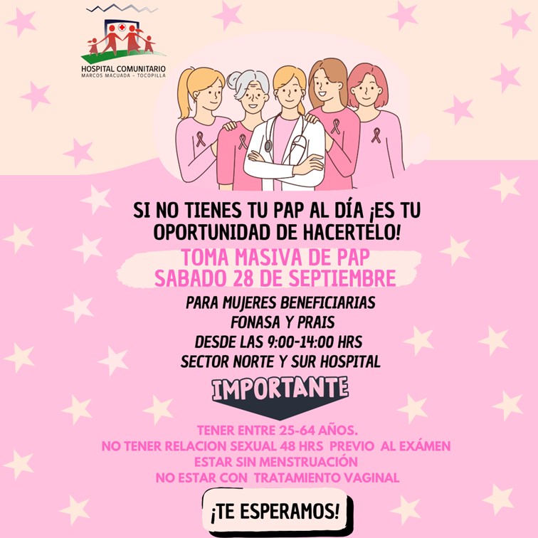 ¡Estimadas Vecinas! Recuerden que este sábado 28 de septiembre es la nueva toma masiva del PAP de 9:00 a 14:00 horas en nuestro hospital.