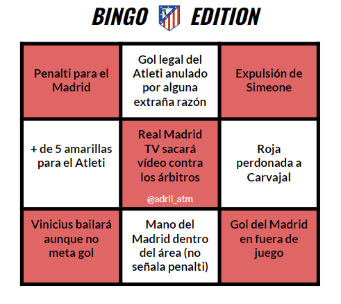 🍀 OS PRESENTO EL BINGO ATLÉTICO DE MADRID 🍀

Esta vez, edición derbi. Haced vuestras predicciones 👇