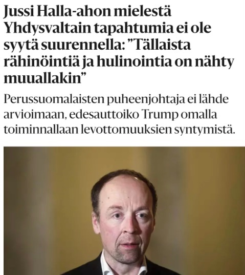 Halla-aho Elokapinan maalitempauksesta:
”liian ymmärtäväinen suhtautuminen yhteiskunnan terrorisoimiseen ilmastopolitiikan tai muun syyn varjolla voi kannustaa aktivisteja yhä hurjempiin ja vahingollisempiin tempauksiin.”

Kommentoinnin sävy Capitolin valtauksen yhteydessä: