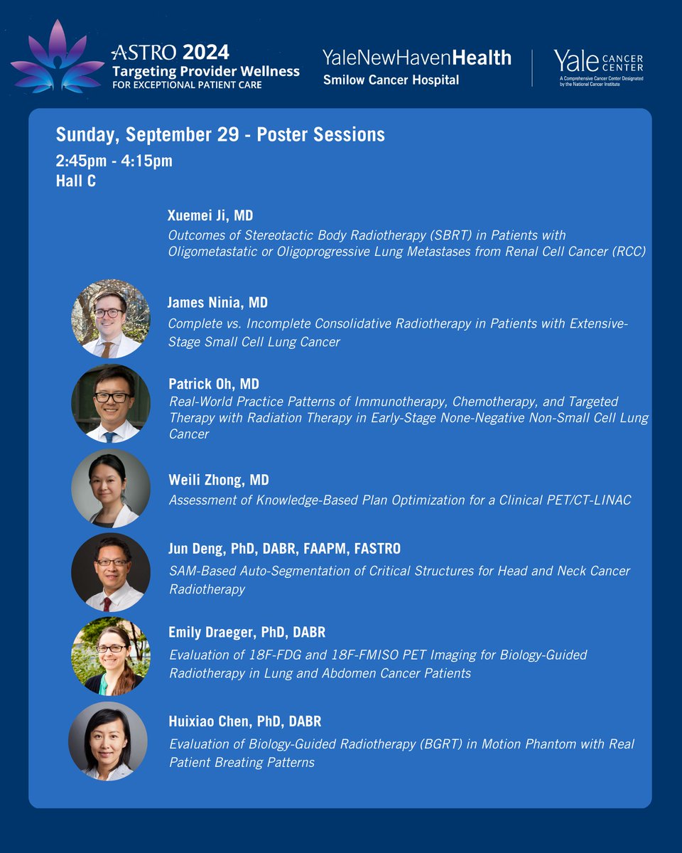 This afternoon at #ASTRO24, we have several poster presentations scheduled in Hall C starting at 2:45pm from Drs. Xuemei Ji, <a href="/JamesNinia/">James Ninia</a>, <a href="/PatrickOhMD/">Patrick Oh</a>, <a href="/JunDengYale/">Jun Deng, PhD</a>, Emily Draeger, and Huixiao Chen. 
bit.ly/ASTRO-Sept-29
<a href="/SmilowCancer/">Smilow Cancer Hospital</a> <a href="/YaleMed/">Yale School of Medicine</a> <a href="/YNHH/">Yale New Haven Hosp</a> <a href="/YaleRadOnc/">Yale Radiation Oncology Residency</a>