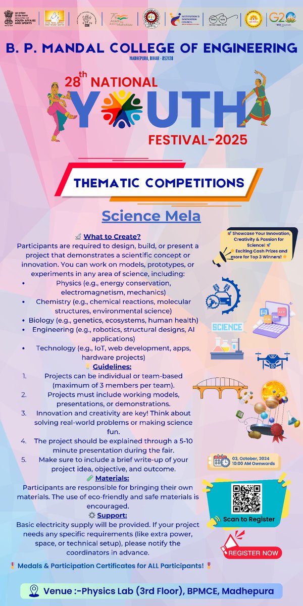 BPMCE_Madhepura's tweet photo. 28th National Youth Festival -2025 will be Organised from 3rd October @B P Mandal College Of Engineering Madhepura, Bihar
@DSTTEBihar @IPRDBihar @sumit4chakai @YASMinistry
#ScienceMela
#InnovationbyYouth
#NYF
#NYF2025
#NYFScienceMela
#NationalYouthFestival
#28thNYF2025 https://t.co/0wJmWbO9fj
