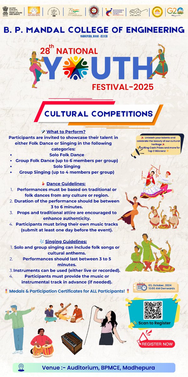BPMCE_Madhepura's tweet photo. 28th National Youth Festival -2025 will be Organised from 3rd October @B P Mandal College Of Engineering Madhepura, Bihar
@DSTTEBihar @IPRDBihar @sumit4chakai @YASMinistry
#ScienceMela
#InnovationbyYouth
#NYF
#NYF2025
#NYFScienceMela
#NationalYouthFestival
#28thNYF2025 https://t.co/0wJmWbO9fj