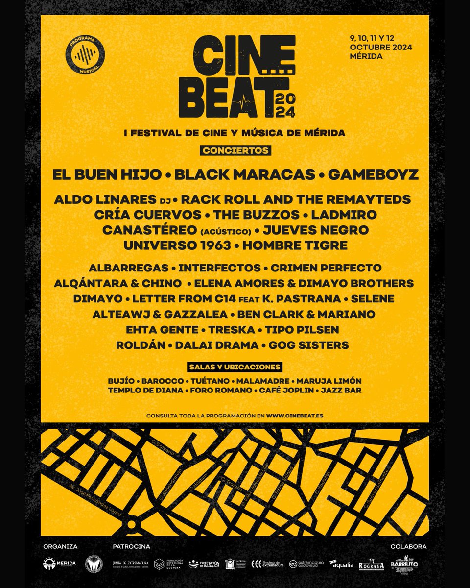 ¡Aquí tenéis vuestro cartel del programa musical de #CineBeat!

Es el festival de tu ciudad🌆, de sus calles, de los emeritenses, de vuestros amigos.

📉 Datos

🎸 28 directos
🏟️ 9 salas
🏛️ 1 concierto inaugural en el Templo Diana 
🛕 1 concierto audiovisuales en el Pórtico Foro