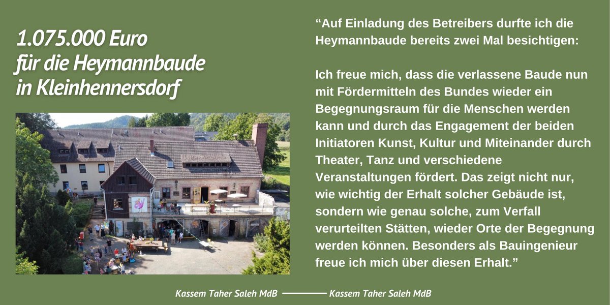 Kassem Taher Saleh (@kassem_ts) on Twitter photo Der Haushaltsausschuss im #Bundestag beschließt 1.075.000€ für Kulturort Heymannbaude in der Sächsischen Schweiz. Ich durfte selbst 2 mal besichtigen: Dieser Ort ist besonders, gerade als #Bauingenieur freue ich mich über diesen Erhalt. Besonderer Dank an <a href="/AnAudretsch/">Andreas Audretsch</a>! Der Haushaltsausschuss im #Bundestag beschließt 1.075.000€ für Kulturort Heymannbaude in der Sächsischen Schweiz. Ich durfte selbst 2 mal besichtigen: Dieser Ort ist besonders, gerade als #Bauingenieur freue ich mich über diesen Erhalt. Besonderer Dank an <a href="/AnAudretsch/">Andreas Audretsch</a>!