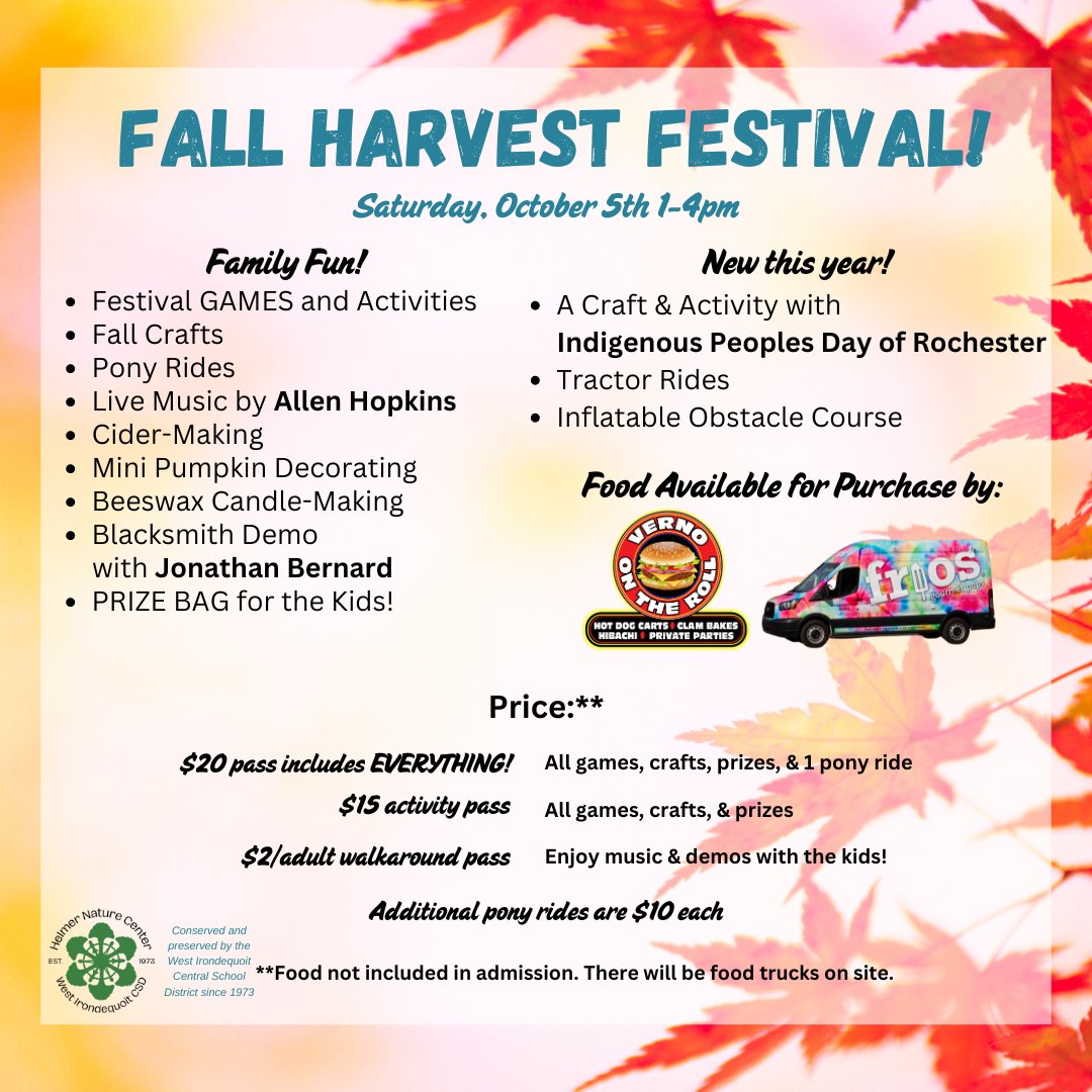 Mark your calendar!  
Save the date!  
Our Annual Fall Harvest Festival is just around the corner.  
Join us Saturday, October 5th 1-4pm for some fall family fun! 
#HNC #getoutside #funforallages #westirondequoit #familyfunday📷 #helmernaturecenter #fallfun #fallfestival #games
