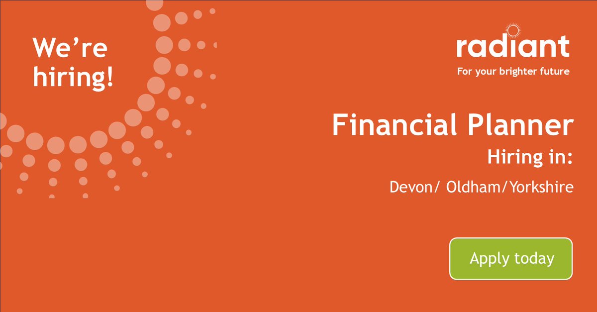 We are currently recruiting for three Financial Planner roles in Devon, Oldham and Yorkshire to join our growing team. The successful candidates will work from the office and home. 
 
Sound like a good match? Apply here- bit.ly/47tKZw6 

#RadiantFinancialGroup #Careers