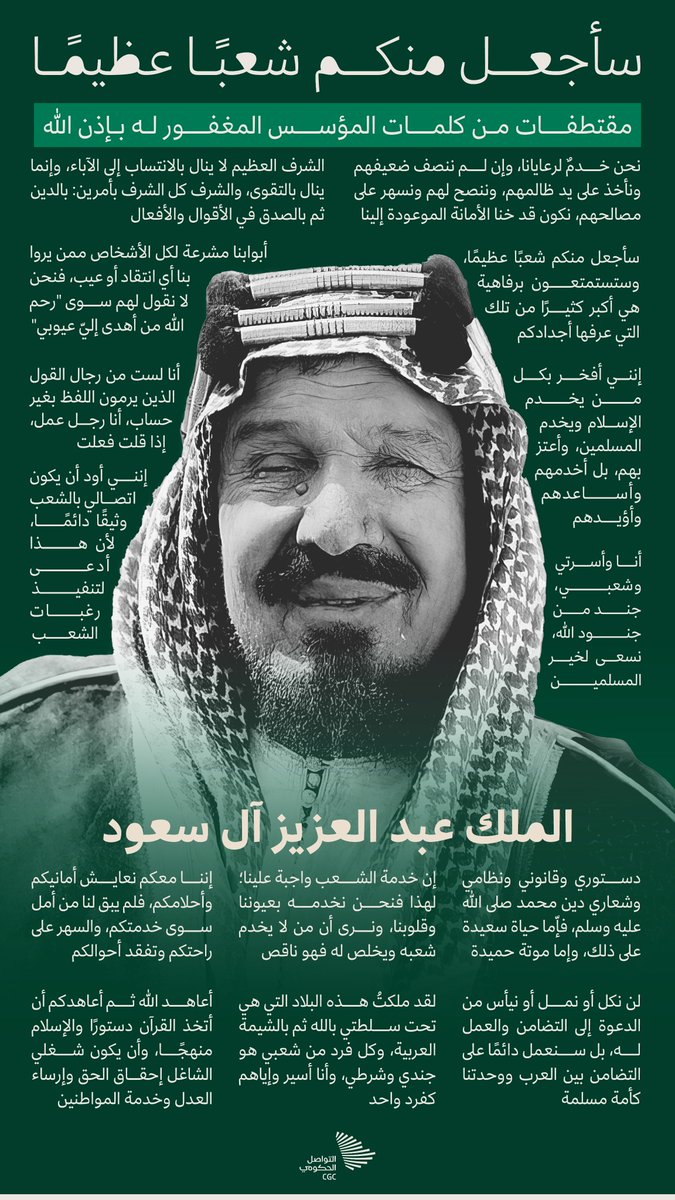 StatementBayan's tweet photo. لم يكن #الملك_عبدالعزيز بن عبدالرحمن آل سعود ـ طيب الله ثراه ـ مجرد قائد سياسي، بل كان رجلًا ذا إيمان عميق وشخصية دينية راسخة، فقد أسس المملكة العربية السعودية على مبادئ #التوحيد الخالدة، واتخذ من الكتاب والسنة منهجًا لحياته ونظام حكمه. 
كانت السلفية، التي استمد منها عقيدته، ��هجًا سديدًا يقوده في جميع قراراته وخطواته. يقول ـ رحمه الله ـ بفخر: "إنني رجل سلفي وعقيدتي هي #السلفية التي أمشي بمقتضاها على الكتاب والسنة".
#اليوم_الوطني_السعودي94
