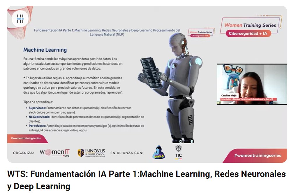 womenitx's tweet photo. #MachineLearning en la MASTER CLASS de hoy de #WomenTrainingSeries by Women IT aquí: https://t.co/LM4eG0ycZD #mujeresentech #hackergirls #digitallover https://t.co/ixrIuBPZwE
