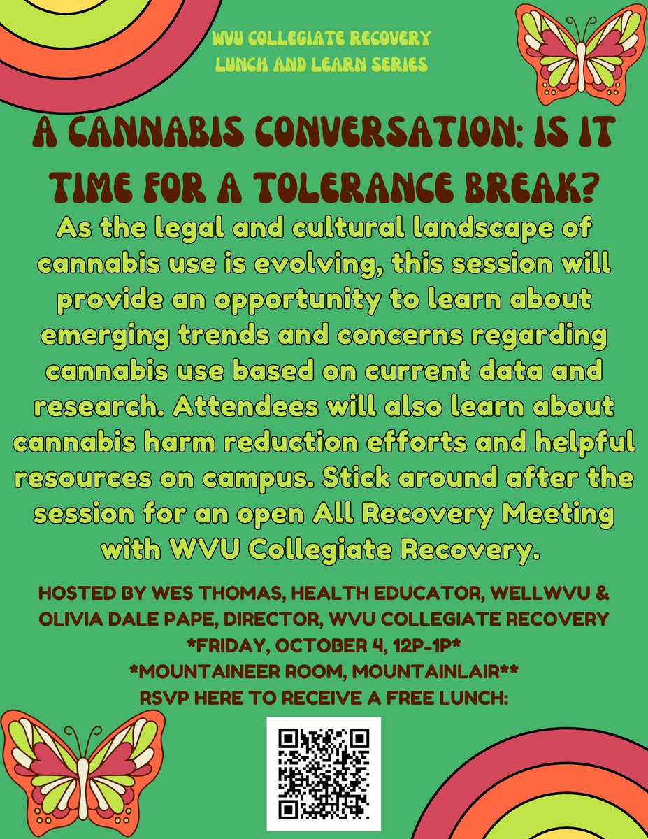 Join WELLWVU and Collegiate Recovery for a cannabis conversation and free lunch! Friday, October 4, 12 PM – 1 PM: wvu.qualtrics.com/jfe/form/SV_5i…