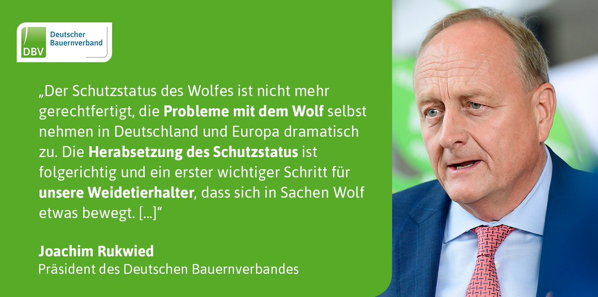 Deutscher Bauernverband e.V. (@bauern_verband) on Twitter photo DBV-Präsident <a href="/JRukwied/">Joachim Rukwied</a> begrüßt das Votum der Mitgliedsstaaten für einen Antrag der EU zur Herabsetzung des Schutzstatus des Wolfes 🐺 in der Berner Konvention: bauernverband.de/presse-medien/… DBV-Präsident <a href="/JRukwied/">Joachim Rukwied</a> begrüßt das Votum der Mitgliedsstaaten für einen Antrag der EU zur Herabsetzung des Schutzstatus des Wolfes 🐺 in der Berner Konvention: bauernverband.de/presse-medien/…
