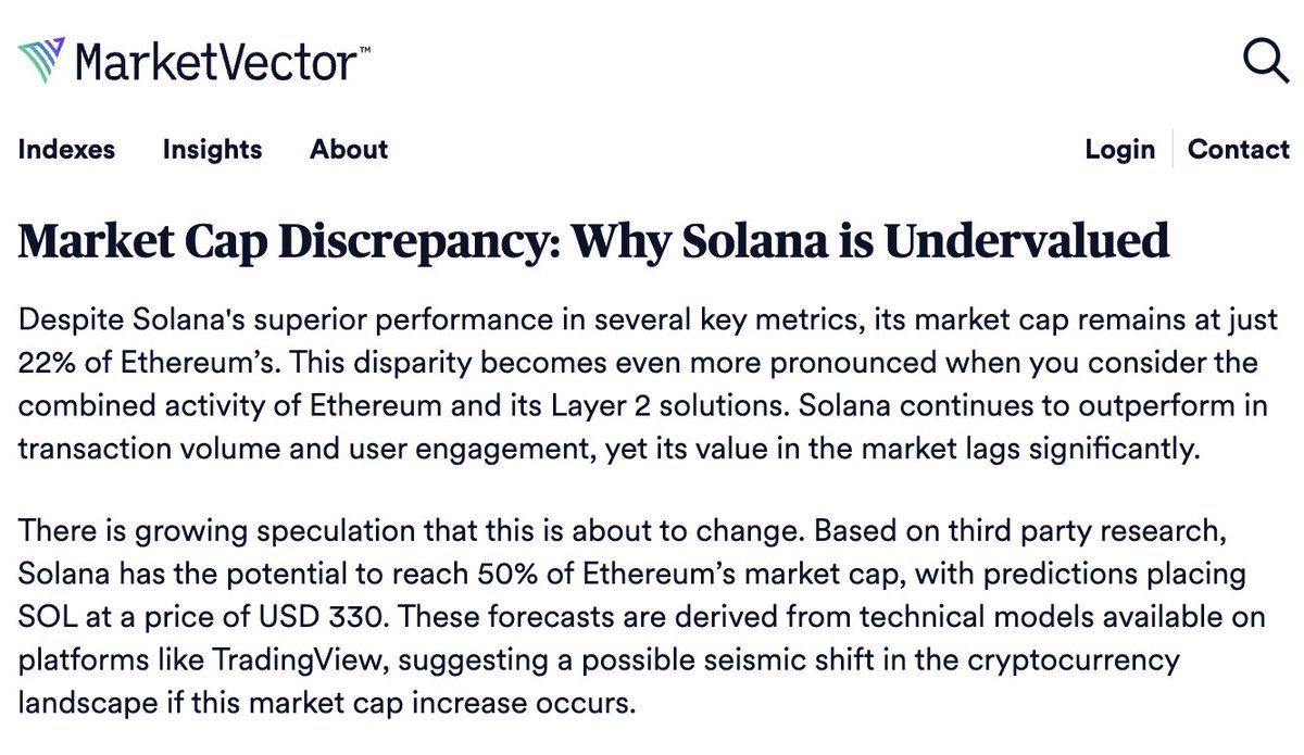 NEW: <a href="/vaneck_us/">VanEck</a>' <a href="/MarketVector/">MarketVector Indexes</a> REPORT STATES THAT "BASED ON THIRD PARTY RESEARCH, SOLANA HAS THE POTENTIAL TO REACH 50% OF ETHEREUM'S MARKET CAP, WITH PREDICTIONS PLACING SOL AT A PRICE OF USD 330"
